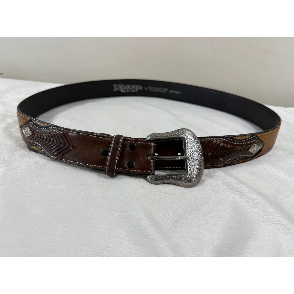Nocona Western Leather Belt Men's Size 40 Brown Tooled Engraved Buckle
